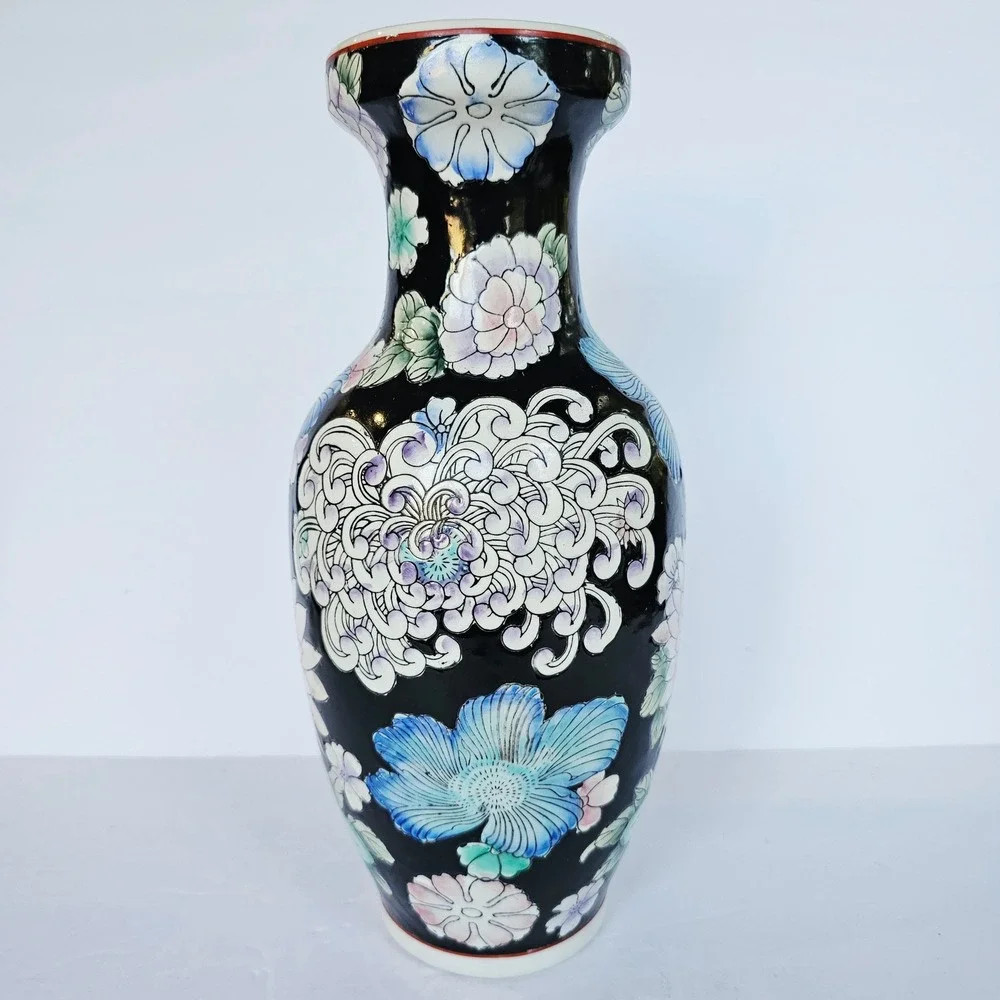Vintage Japanese Porcelain Floral Vase Black Chrysanthemum Chinoiserie Decor 12